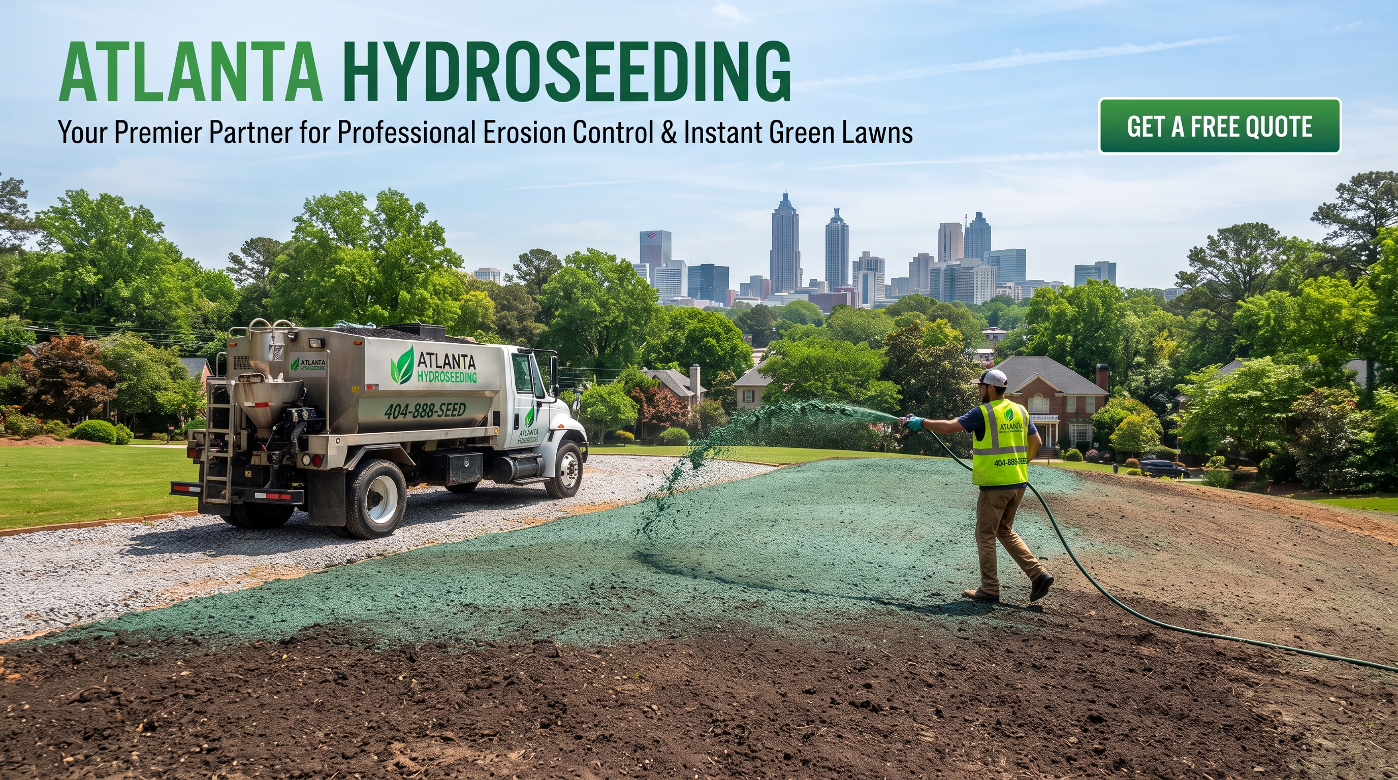Atlanta Hydroseeding professional truck and technician spraying hydroseed slurry on Georgia soil