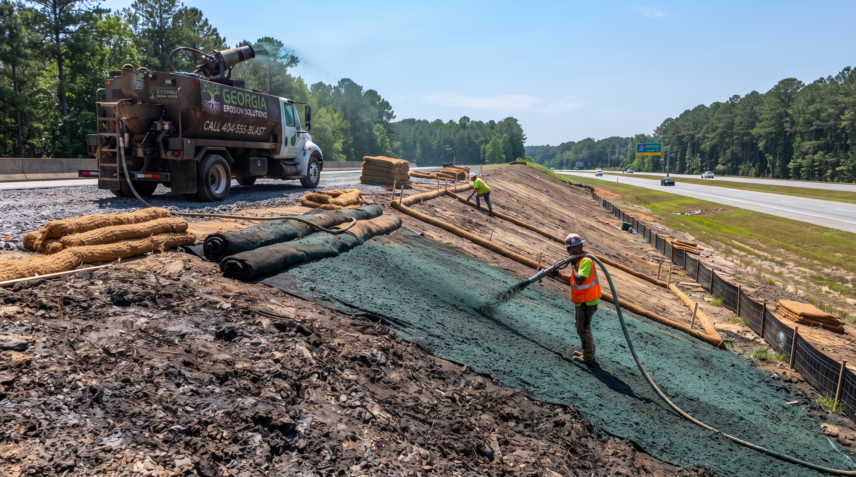 Commercial erosion control application on a steep embankment next to highway in Metro Atlanta